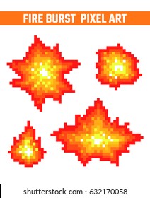 Fire burst pixel icons set. Old school computer graphic style.