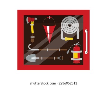 Fire cabinet. Emergency box with rescue protection firefighter equipment, hose extinguisher water hydrant pipe cartoon flat style. Vector isolated set. Storage for tools in urgent situation