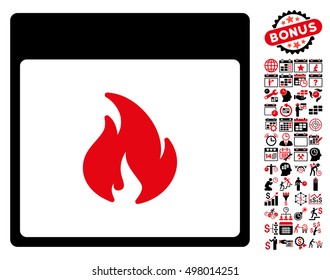 Fire Calendar Page icon with bonus calendar and time management design elements. Vector illustration style is flat iconic symbols, intensive red and black, white background.