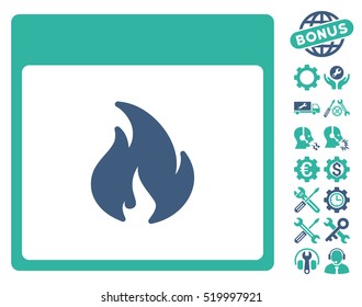 Fire Calendar Page icon with bonus options pictures. Vector illustration style is flat iconic symbols, cobalt and cyan, white background.