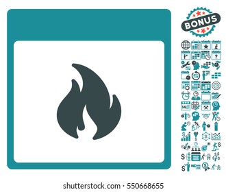 Fire Calendar Page icon with bonus calendar and time management design elements. Vector illustration style is flat iconic symbols, soft blue, white background.