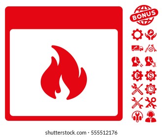 Fire Calendar Page icon with bonus options design elements. Vector illustration style is flat iconic symbols, red, white background.