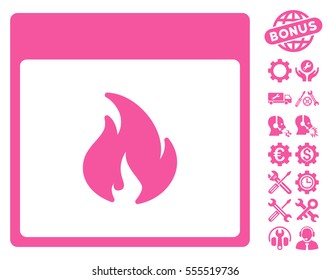 Fire Calendar Page icon with bonus settings pictograms. Vector illustration style is flat iconic symbols, pink, white background.