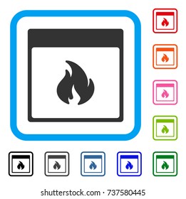 Fire Calendar Page icon. Flat grey iconic symbol in a light blue rounded rectangular frame. Black, gray, green, blue, red, orange color variants of Fire Calendar Page vector.