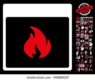 Fire Calendar Page pictograph with bonus calendar and time management design elements. Vector illustration style is flat iconic symbols, red and white, black background.