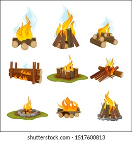 Fire camp. Wooden fireplace bonfire light hiking symbols travel collection natural flame vector cartoon collection