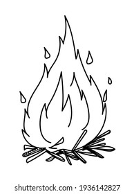 Fire, campfire, bonfire burning with woods. Sketch line hand drawn cartoon style vector illustration isolated on white background.