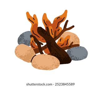 Fogo, fogueira com chamas brilhantes, queimando troncos de madeira, lenha por pedras, pedras. Aconchegante fogo de acampamento ao ar livre brilhando para o calor, calor. Ilustração de vetor plano isolada no plano de fundo branco