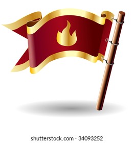 Fire or campfire icon on red and gold vector flag good for use on websites, in print, or on promotional materials