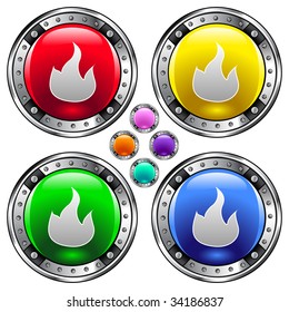 Fire or campfire icon on round colorful vector buttons suitable for use on websites, in print materials or in advertisements.  Set include red, yellow, green, and blue versions.