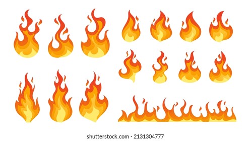 Fire, Campfire, Isolated Torch Flame, Burning Bonfire Blaze. Glowing Shining Flare with Long Waving Tongues. Decorative Design Elements, Ignition Fire Tongues. Cartoon Vector Illustration, Icons Set