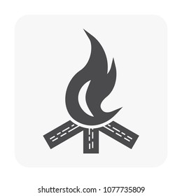 Fire or campfire vector icon. Also called bonfire, firewood and flame. Consist of abstract shape and wood stick or log. That provide light for night, warm and heat for cooking. Using for logo or icon.