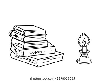 The fire of a candle in a glass holder illuminates a bunch of different books. Vector drawing isolated on white background. Space for copying. Flat style