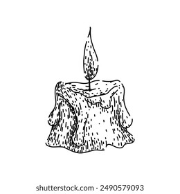 candela de fuego dibujada a mano. tarjeta oscura, saludo de la torta, boceto del Vector de la vela del fuego del spa de la luz de las velas. ilustración negra aislada