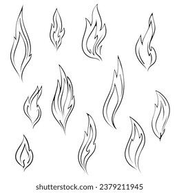 Fire candle or match. Set of different flame shapes. Close up simple design element. Vector illustrations in hand drawn sketch style isolated on white. Black outline graphic for print, coloring book