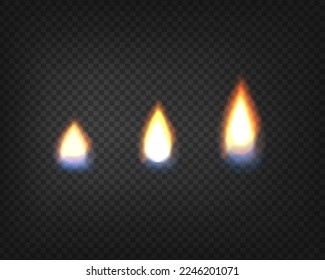 Fire candle. Realistic Fire Flames with smoke, blue fire and sparkles transparent on dark background. Burning red wildfire flames set, burn bonfire silhouette and blazing fiery spurts of flame