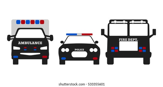 Fire car, Ambulance and Police car. Elements of the 911 emergency services. Vector Illustration.