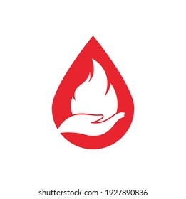 Fire care drop shape concept vector logo design concept. Hand and fire icon logo design.