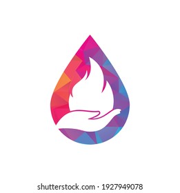 Fire care drop shape concept vector logo design concept. Hand and fire icon logo design.