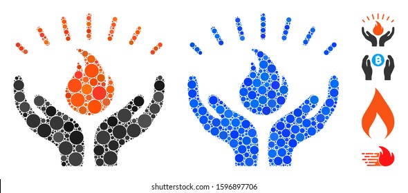 Fire care hands mosaic of filled circles in variable sizes and color tints, based on fire care hands icon. Vector small circles are grouped into blue mosaic.