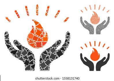 Fire care hands mosaic of ragged items in different sizes and color tints, based on fire care hands icon. Vector joggly dots are united into mosaic. Fire care hands icons collage with dotted pattern.