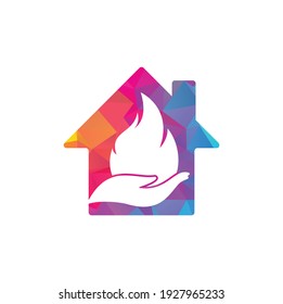 Fire Care Home Shape Concept Vector Logo Design Concept. Hand And Fire Icon Logo Design.