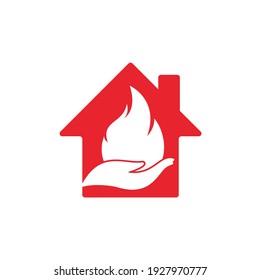 Fire Care Home Shape Concept Vector Logo Design Concept. Hand And Fire Icon Logo Design.