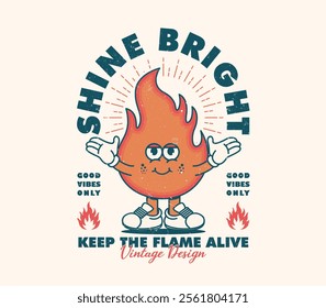 Fire cartoon character illustration design in retro style, perfect for graphic tees, t-shirts, posters, stickers, merchandise, and more