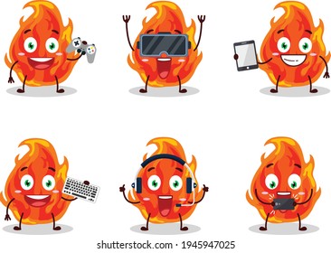 Fire cartoon character are playing games with various cute emoticons