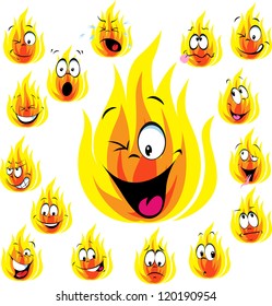 fire cartoon with many expressions isolated on white background
