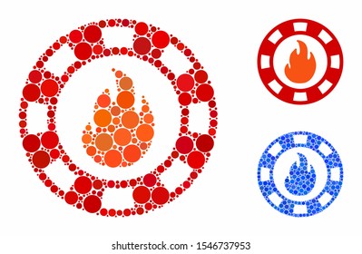 Fire casino chip mosaic of circle elements in different sizes and color tints, based on fire casino chip icon. Vector round elements are organized into blue mosaic.