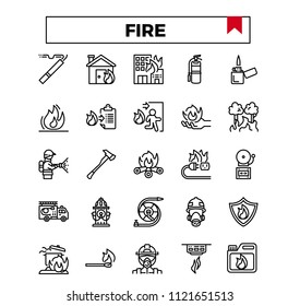 Fire causing, firefighting concept outline icon set.