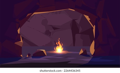 Fire in the cave, prehistoric times scene - flat vector illustration. Bonfire in rocky cave or grotto. Caveman heating stone cave. Concepts of adventure and extreme hiking.