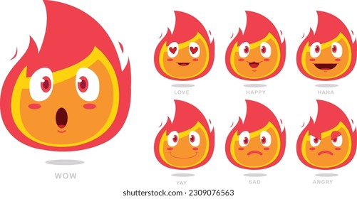 Fire character displaying a Happy , Sad , angry , wow and love