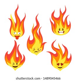 Fire character icons. Hot flame cute emoji with angry and smiles happy characters comic style vector fun faces feel silent eyes reaction emoticon set for chat