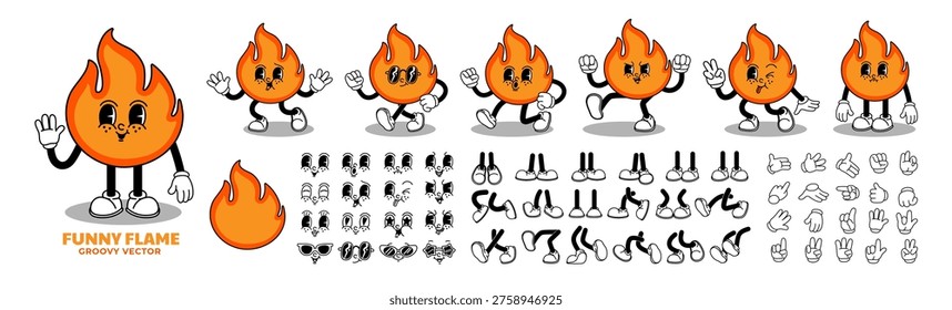 Fire characters. Groovy funny flames. Comic retro fires, vintage flames mascot running, walking in various poses with faces, emotions, legs, hands. Vector set.