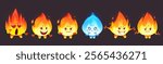 Fire characters set isolated on black background. Vector cartoon illustration of burning flame mascots with kawaii style face, emoji in love with heart eyes, happy, angry, scared, cheerful emotions
