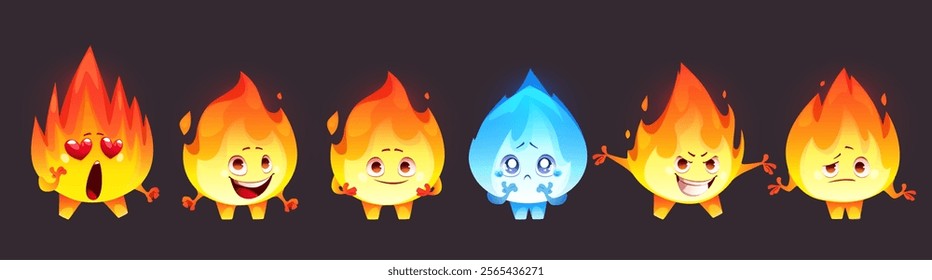 Fire characters set isolated on black background. Vector cartoon illustration of burning flame mascots with kawaii style face, emoji in love with heart eyes, happy, angry, scared, cheerful emotions