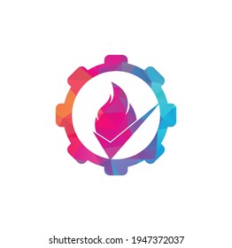 Plantilla de diseño del logotipo vectorial de la forma del engranaje de control de incendios. Diseño de iconos de fuego y marca de verificación.