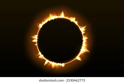 Fire circle frame. Flame spark ring effect vector. Magic circular flare glow isolated on black background. Realistic neon fiery illustration. Gold border banner design. Orange firework power trail