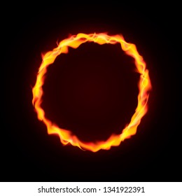 Fire circle frame isolated on dark background. Fire burning ring. Magic golden circle with copy space. Round neon banner. Easy to edit vector template for your designs.