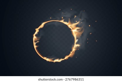 Fire circle with glowing flame ring, orange sparks, smoke haze and dark transparent center. Overlay, banner and effect design with fire circle, vector illustration.