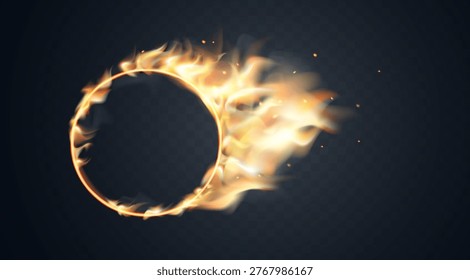 Fire circle with glowing ring, flame trail, sparks and dark transparent center. Abstract overlay, banner and game effect with fire circle, vector illustration.