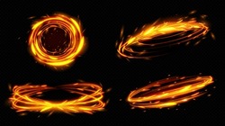 Fire Circle With Light Trail Glow Effect. Isolated Magic Flare Ring With Motion Blur Vector Illustration. Power And Energy Bright Orange Twirl Portal. 3d Speed Lines Border Asset For Game.