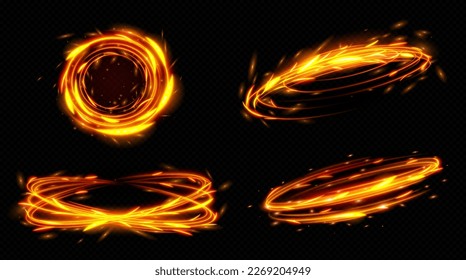 Fire circle with light trail glow effect. Isolated magic flare ring with motion blur vector illustration. Power and energy bright orange twirl portal. 3d speed lines border asset for game.