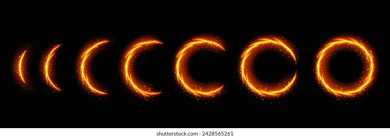 Fire circle portal with flame and sparkles loading progress steps. Realistic vector illustration set of different process stages of appearance and completion of orange bright neon glowing ring.