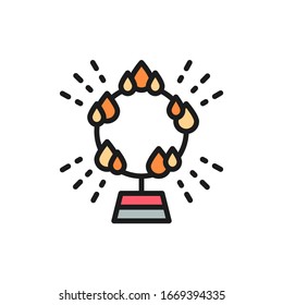 Fire circle, ring of flame, circus arena flat color line icon.