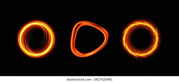 Fire circle and triangle magic portal with flare and sparkles. Realistic vector illustration set of bright light glowing neon ring frame or door. orange flame energy ring on transparent background.