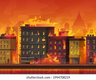 Fire in city, burning buildings on town street. Natural disaster or catastrophe, war conflict or climate changes cartoon vector background. Condominiums and skyscrapers in flames, firestorm in city