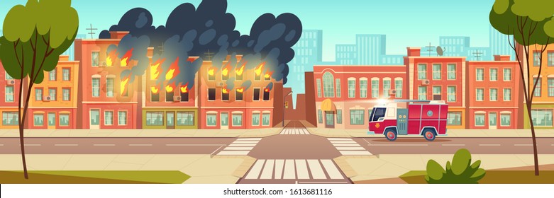 Fire in city house and fire truck on town road. Vector cartoon urban landscape with burning building, flame with black smoke and red emergency rescue vehicle